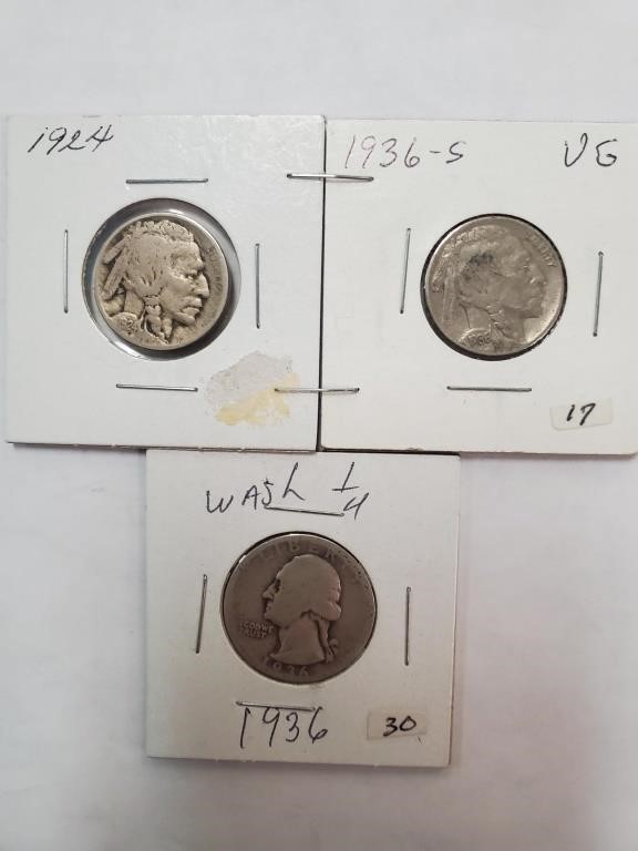 1924,1946 S Buffalo Nickels 1936 Washington Qtr