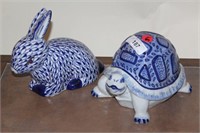 Blue & White Ceramic Tortoise & Hare