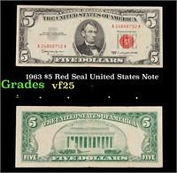 1963 $5 Red Seal United States Note Grades vf+