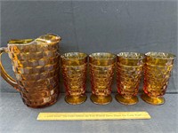 Vintage amber glass pitcher and 4 glasses