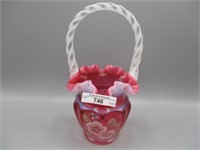 Fenton 9" cranberry opal HP basket-Open Heart
