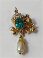 Coro Aqua Crystal & Pearl Drop Bird Brooch