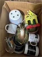 Box of Coffee Cups,  Deer Head, Vase, Chip & Dip