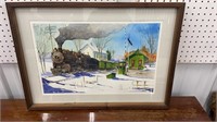 Signed watercolor print of train station approx
