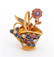 14K Diamond Multi-Gemstone Floral Basket Pin