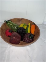 WOODEN BOWL WITH GLASS FRUIT AND VEGETABLES