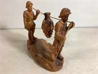 Wood Carving W/2 Men Carrying Food, 7inTall
