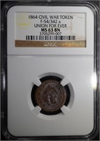 1864 CIVIL WAR TOKEN F-54/342a NGC MS 63 BN