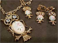 Hand Painted Owl Necklace & Earrings Set