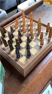Wooden chest board, and chess pieces