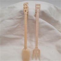 *5 1/2" Asian Carved Fork & Spoon w/ Elephant