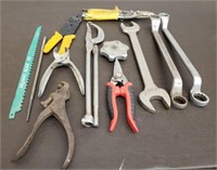 Flat of Assorted Tools. Box End Wrenches, Snips,