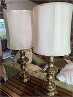 Pair of brass lamps w/shades. One has some flaws