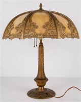 Handel Art Nouveau Lamp w/ Slag Glass Shade.