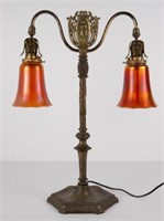 Art Nouveau Table Lamp w/ Nuart Iridescent Shades.