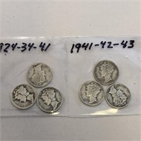 SILVER Mercury Dime LOT x 6 1924-43