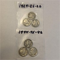 SILVER Mercury Dime LOT x 6 1924-46