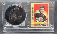 (D) Phil Esposito signed hockey puck w/holder not