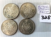 4 Canadian Silver 1962 Fifty cents Coins