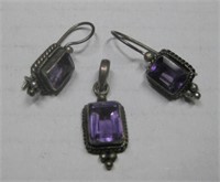 SS Purple Stone Earrings & Pendant Set -Hallmarked