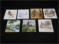 Seven decorated tiles mostly with farm scenes