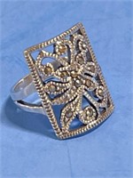 925 Silver Marcasite Rectangular Beaded Ring