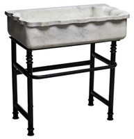 CARVED MARBLE SINK ON BLACK WROUGHT IRON STAND