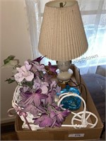 Lamp, sand art, candy dish & flowers