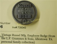 Vintage Russel Mfg. Employee Badge mfg by