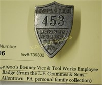 c1920's Bonney Vice & Tool Works Employee Badge