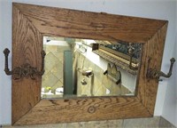 Antique Oak All Mirror w/Cast Iron Coat Hooks.