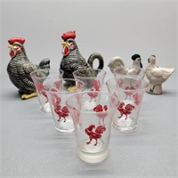 Lot w/ Rooster Shot Glasses & Shakers