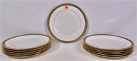 11 dinner plates, gold edge, 10.5" dia.