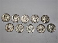 Lot of 10 1942 Mercury Dimes