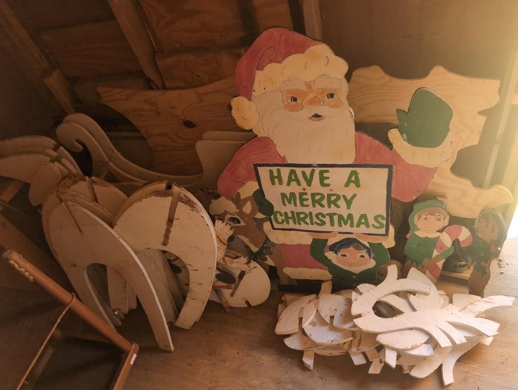 Homemade wood Santa, sleigh, reindeer (slide