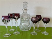 Crystal Decanter Purple Cut to Clear Cordial Glass