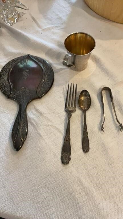 Misc. Sterling silver fork, spoon, mirror, cup,