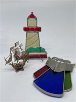 Stained Glass Lighthouse & Bells + Brass-Look