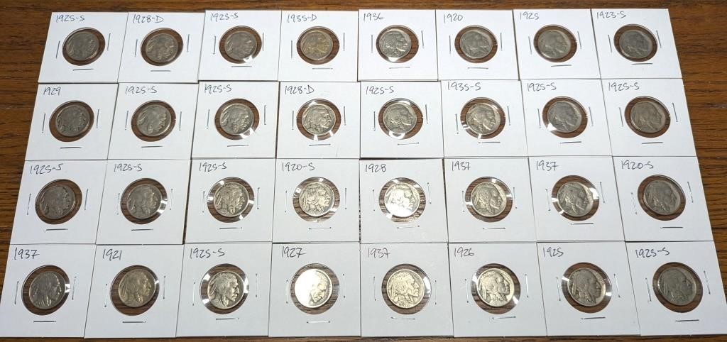 32 vintage Buffalo nickel coins in holders