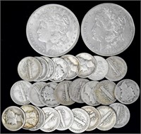 Mixed Coin Lot: 21d, 21p Morgans, 25 Mercury Dimes
