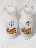 Set Of 2 White Glass Hand Made Floral Vases
