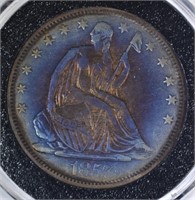 1857 SEATED HALF DOLLAR, XF CRAZY BLUE TONING