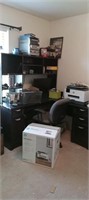 Desk, printer, chair and contents
