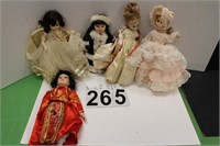 5 Porcelain Dolls 1 w/ Pink Dress
