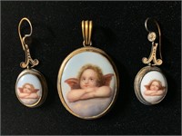 Antique Cherubs Pendant & Earrings - Porcelain