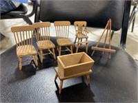 Signed miniature chairs and dough table