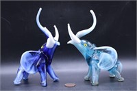 Pr. Vtg Hand-Blown Art Glass Blue Elephants