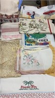 Linens, hand stitched and crocheted, towels,