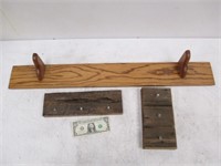 2 Vintage Wood Key Holders & Oak Shelf