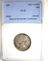 1840 Half Rupee NNC VF20 India